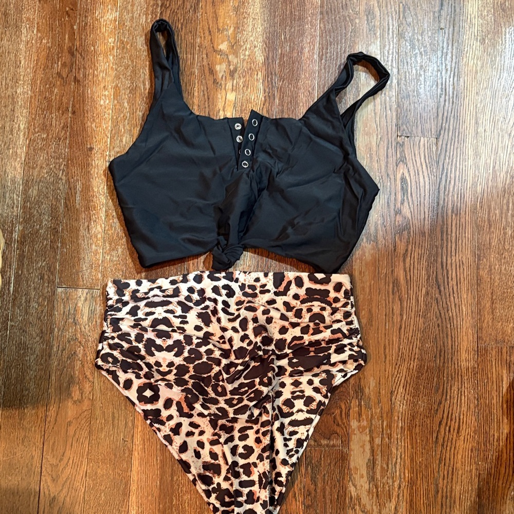 Zaful Black and Leopard Bikini Set high wasted bottoms